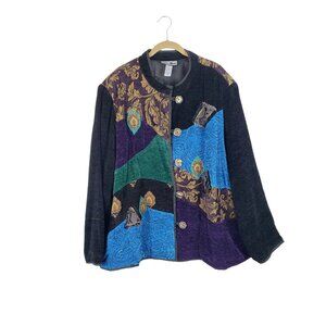 Indigo Moon Jacket Patchwork Tapestry Chenille Art to Wear Purple Blue Womens 3X